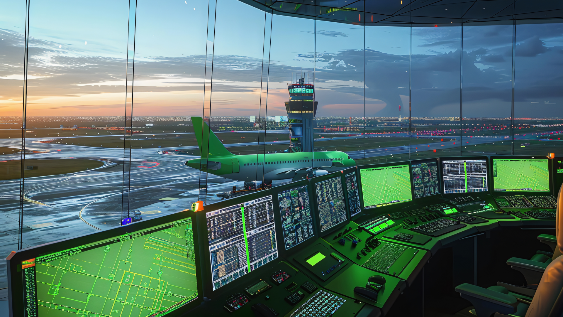 A modern airport control tower interior with multiple green-lit radar and monitoring screens, overlooking a runway at sunset with an airplane parked nearby.