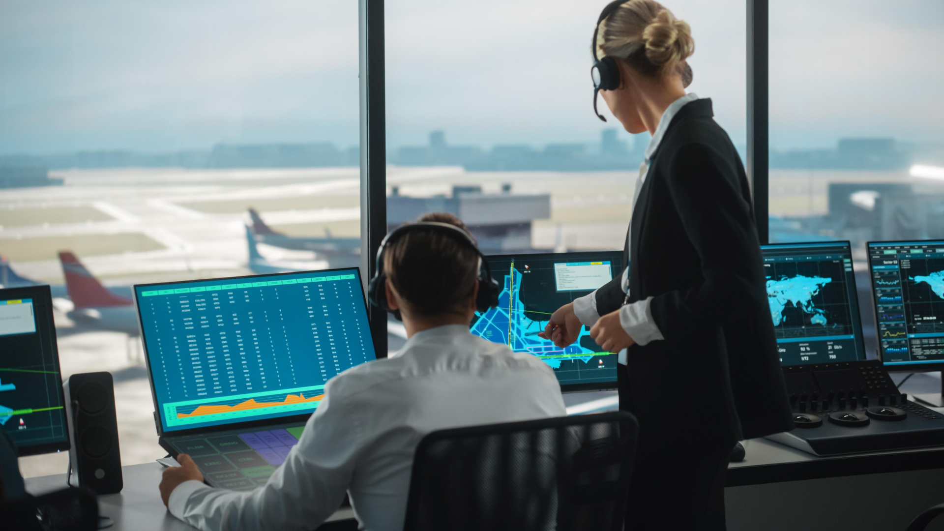 Two air traffic control or operations center professionals look at monitors displaying flight data and maps, with a view of the airport runway outside the window.