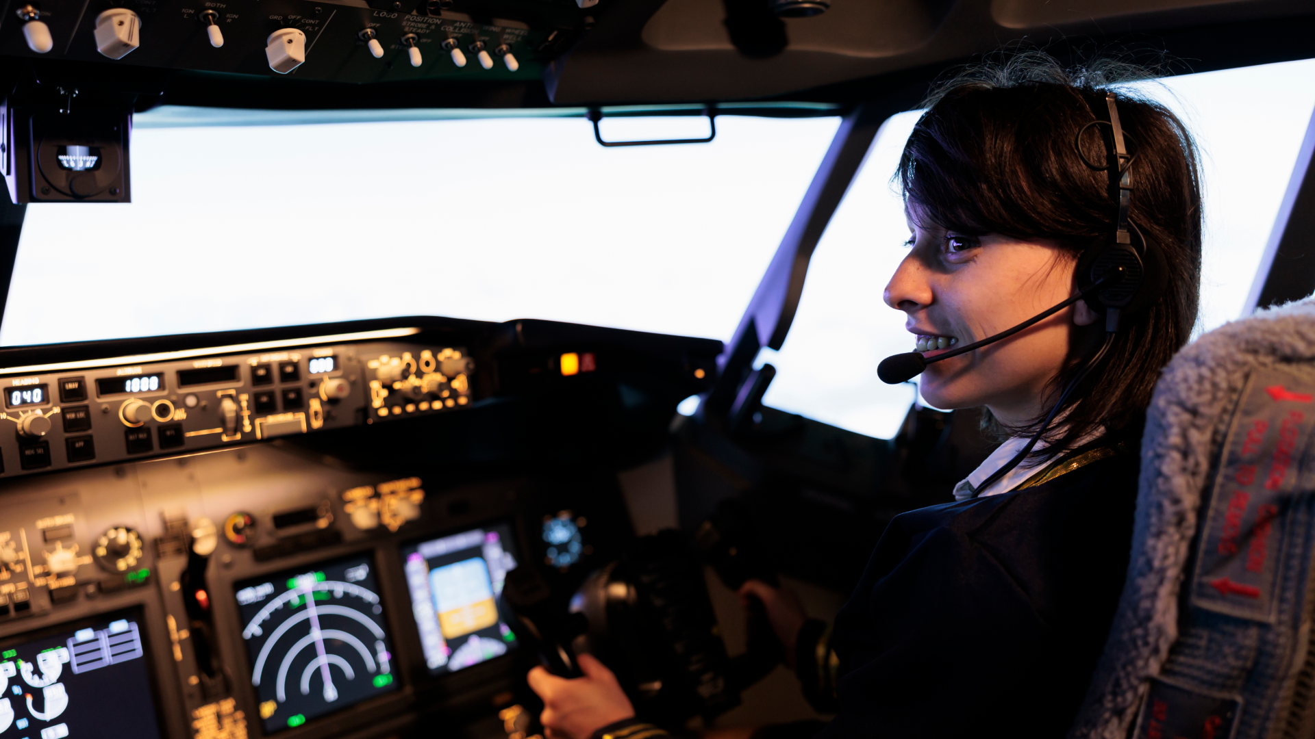 A pilot with a headset is seated in an aircraft cockpit.