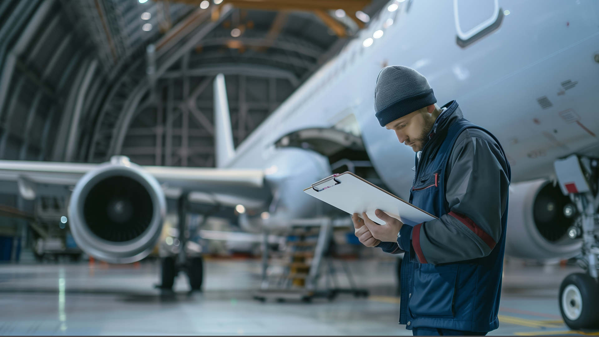 A technician stands in a hangar with an airplane in the background, holding a clipboard.