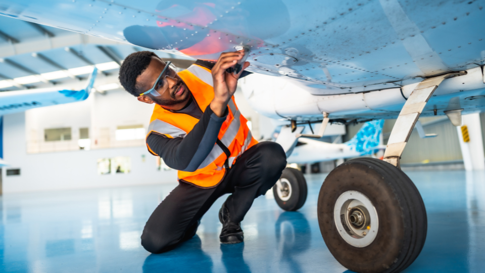 An airplane mechanic checks on a piece of equipment on an airplane.
