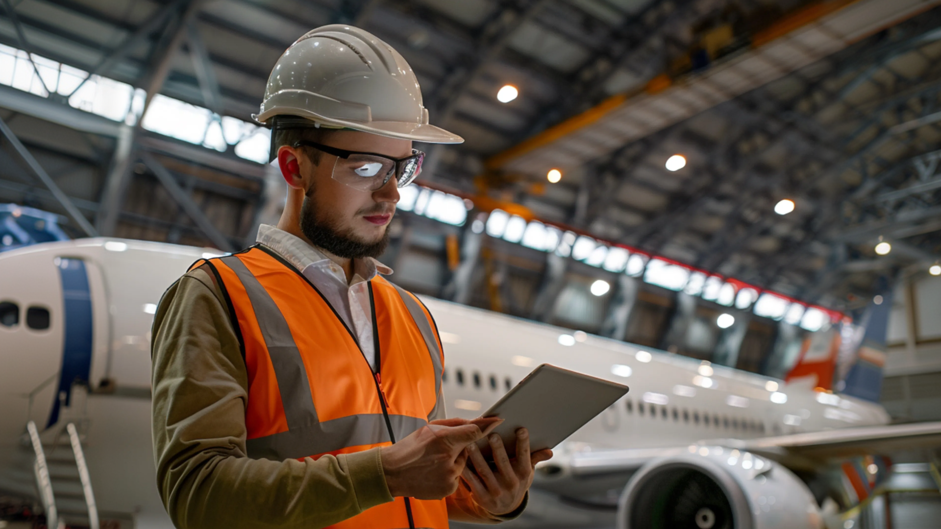 Aircraft maintenance technician checking inventory and part status on a tablet inside a hangar.