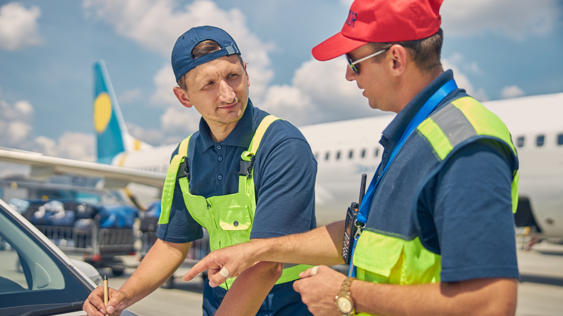Ground crew reviewing maintenance records together, representing discussion of inspection timing and compliance allowances.