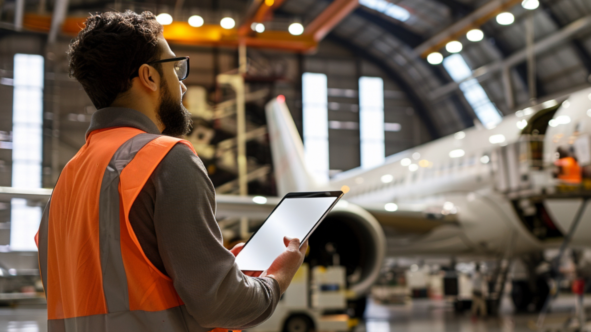 Inspector using a tablet in a maintenance environment, representing tracking and control of quarantined aircraft parts.
