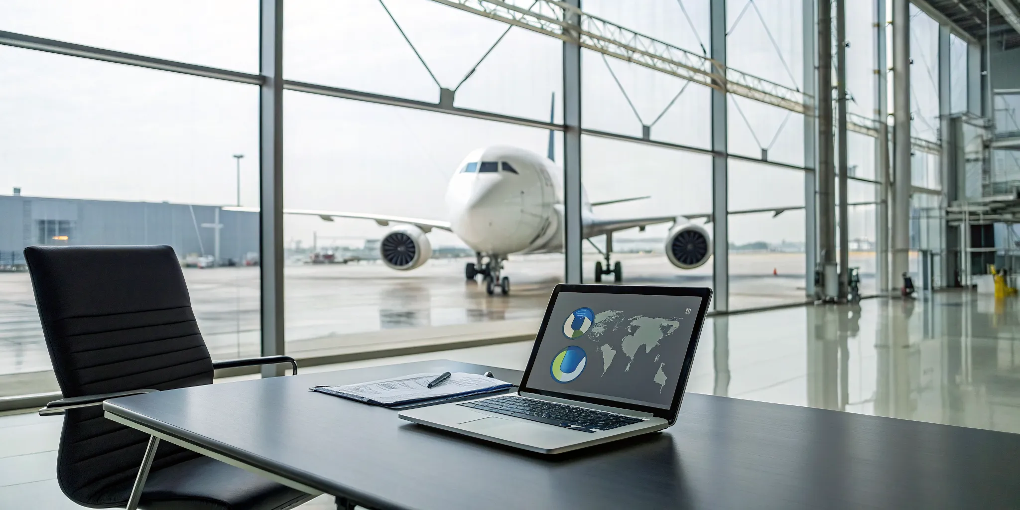 Evaluating an aviation inventory control system demo on a laptop in an airport office.