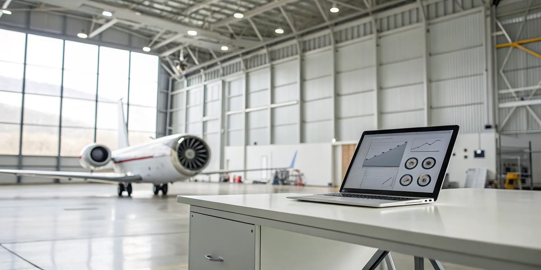 Aircraft parts software for a small business displayed on a laptop in a hangar.
