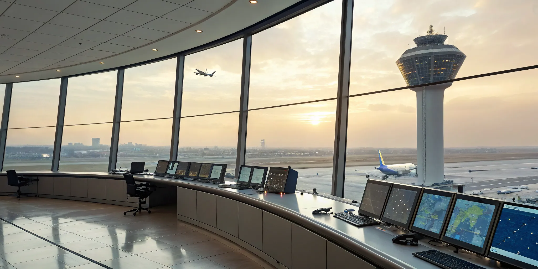 Air traffic control using flight operations software on multiple monitors to manage scheduling and aircraft.