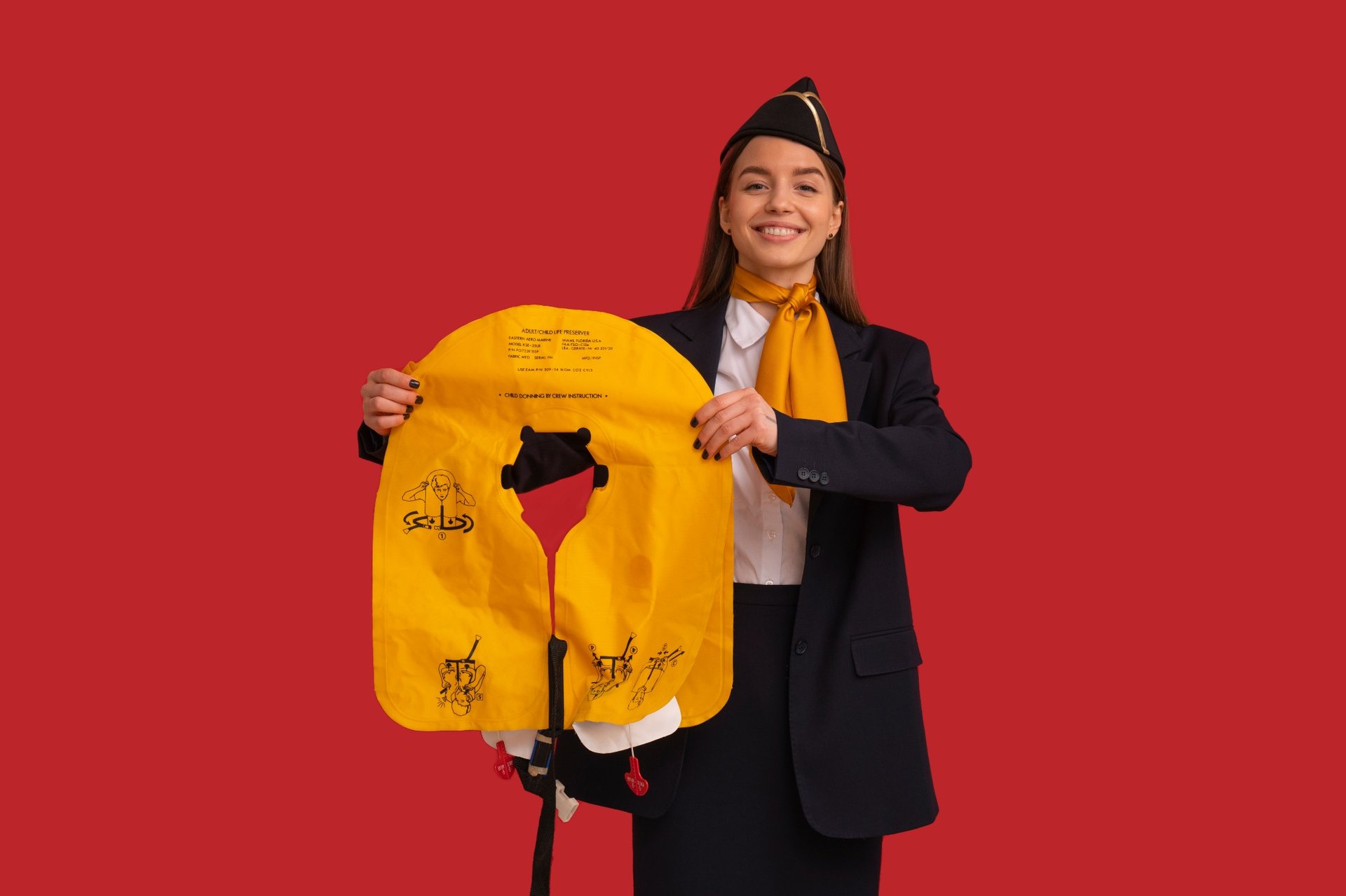 A smiling flight attendant in uniform holds a yellow life vest in front of a red background.