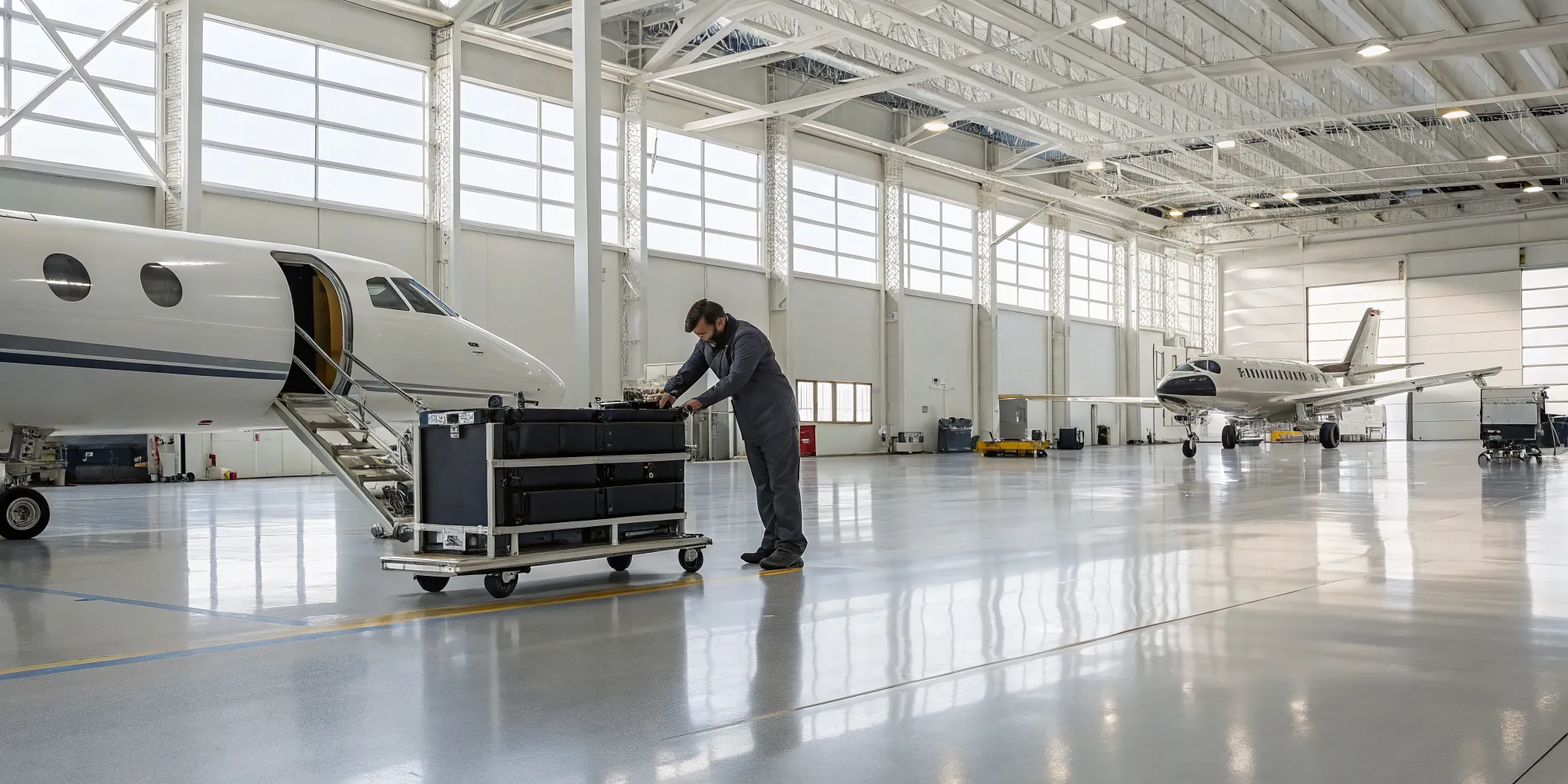 An aircraft technician inspecting a rotable part before it is returned to service.