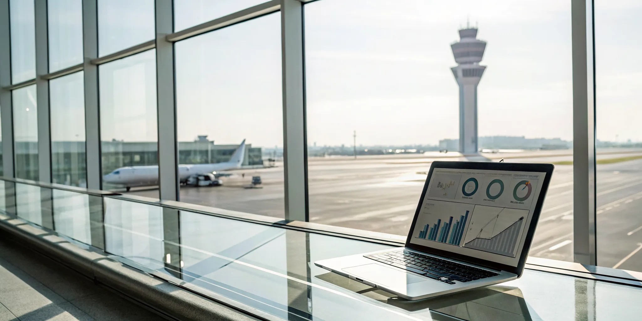 Analyzing aviation management software cost on a laptop at an airport.
