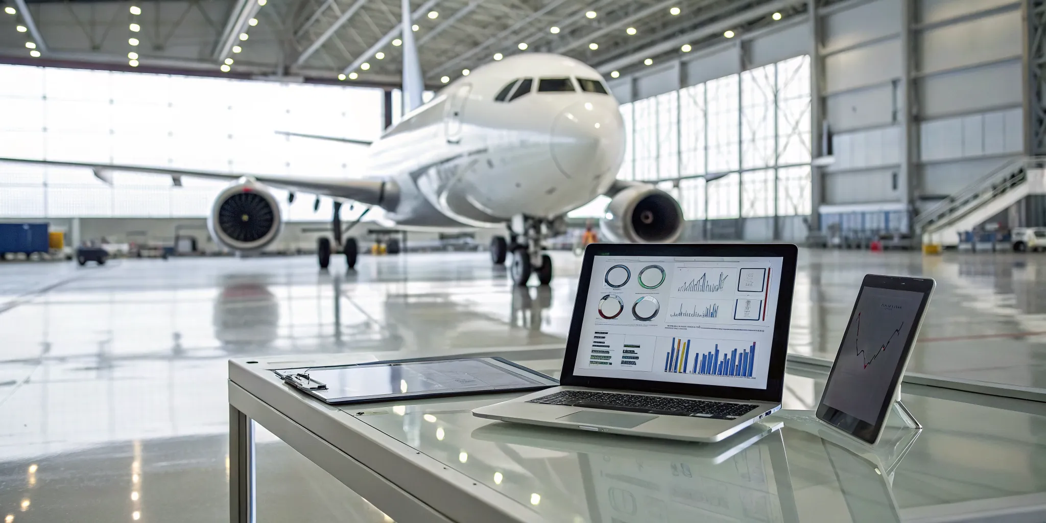 Laptop showing MRO software analytics for aircraft maintenance in a hangar.