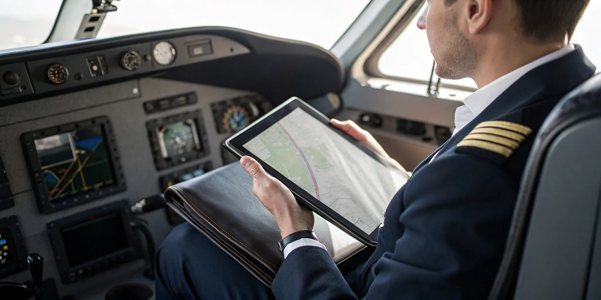 A pilot uses an electronic flight bag tablet in the cockpit for flight planning and charts.