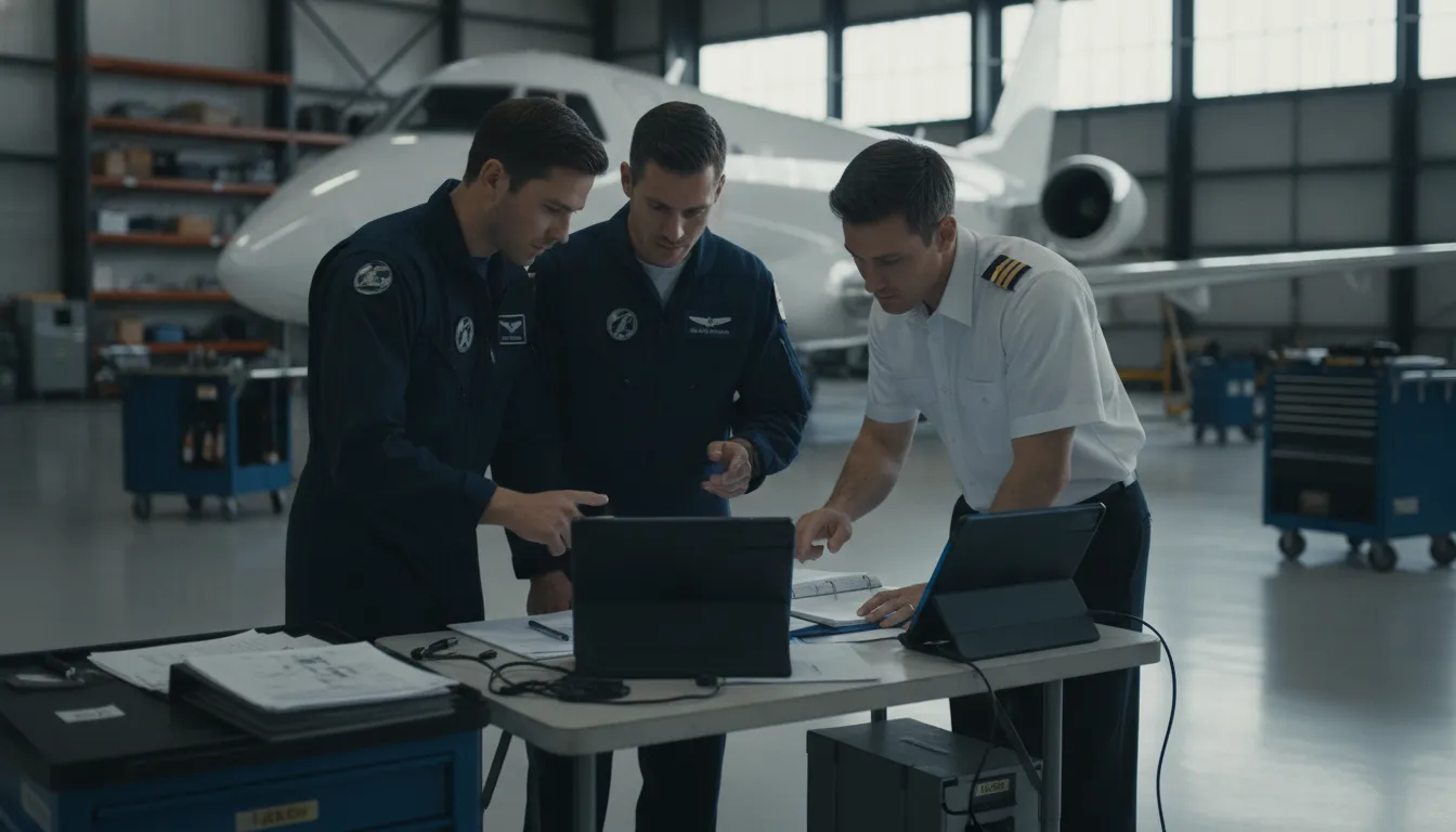 Aviation operations professionals reviewing fleet maintenance workflows beside a regional jet
