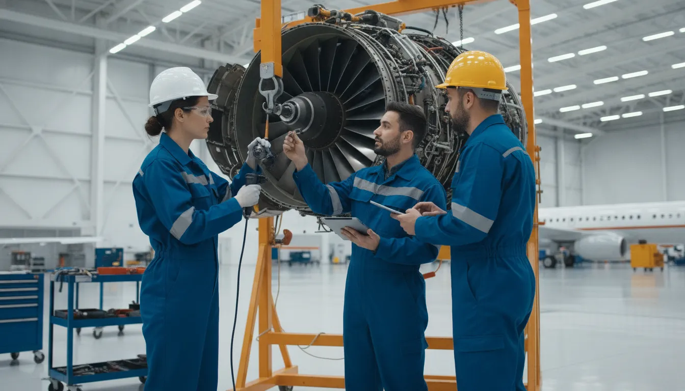 Regional airline maintenance team comparing an AMOS aviation software alternative in a hangar