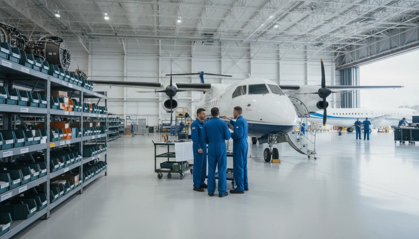 Aeronautical engineers coordinating integrated maintenance workflows in an aircraft hangar
