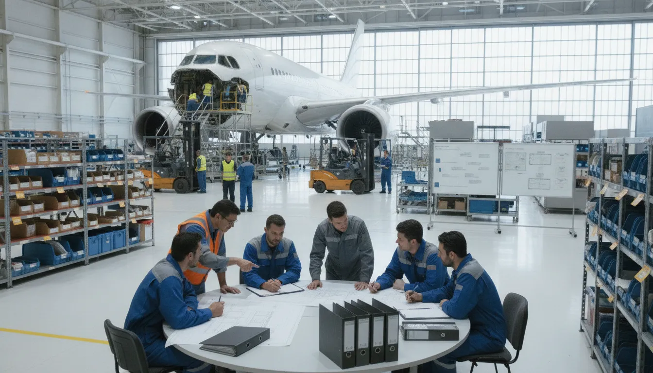 Aeronautical engineers coordinating integrated aviation maintenance operations