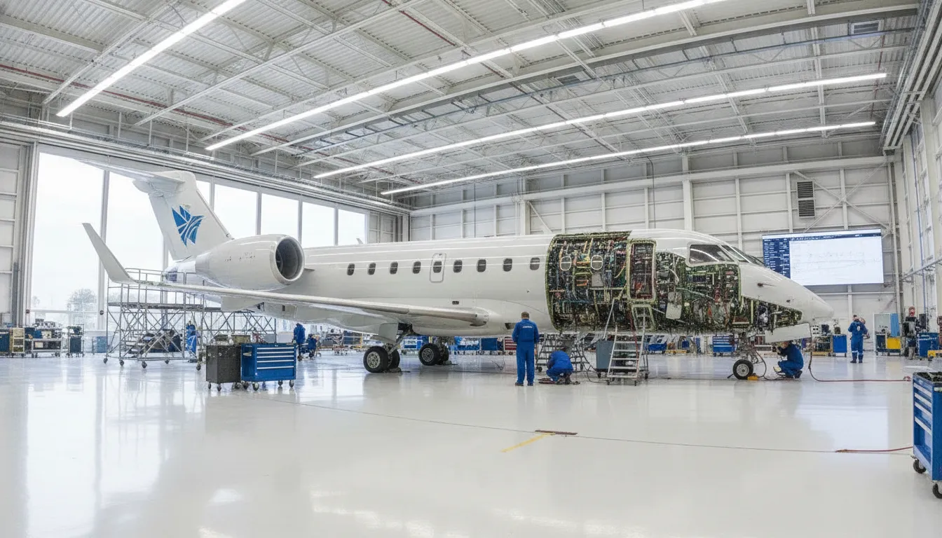 A regional commercial jet airplane undergoing CAMO maintenance inspection inside a clean, modern hangar