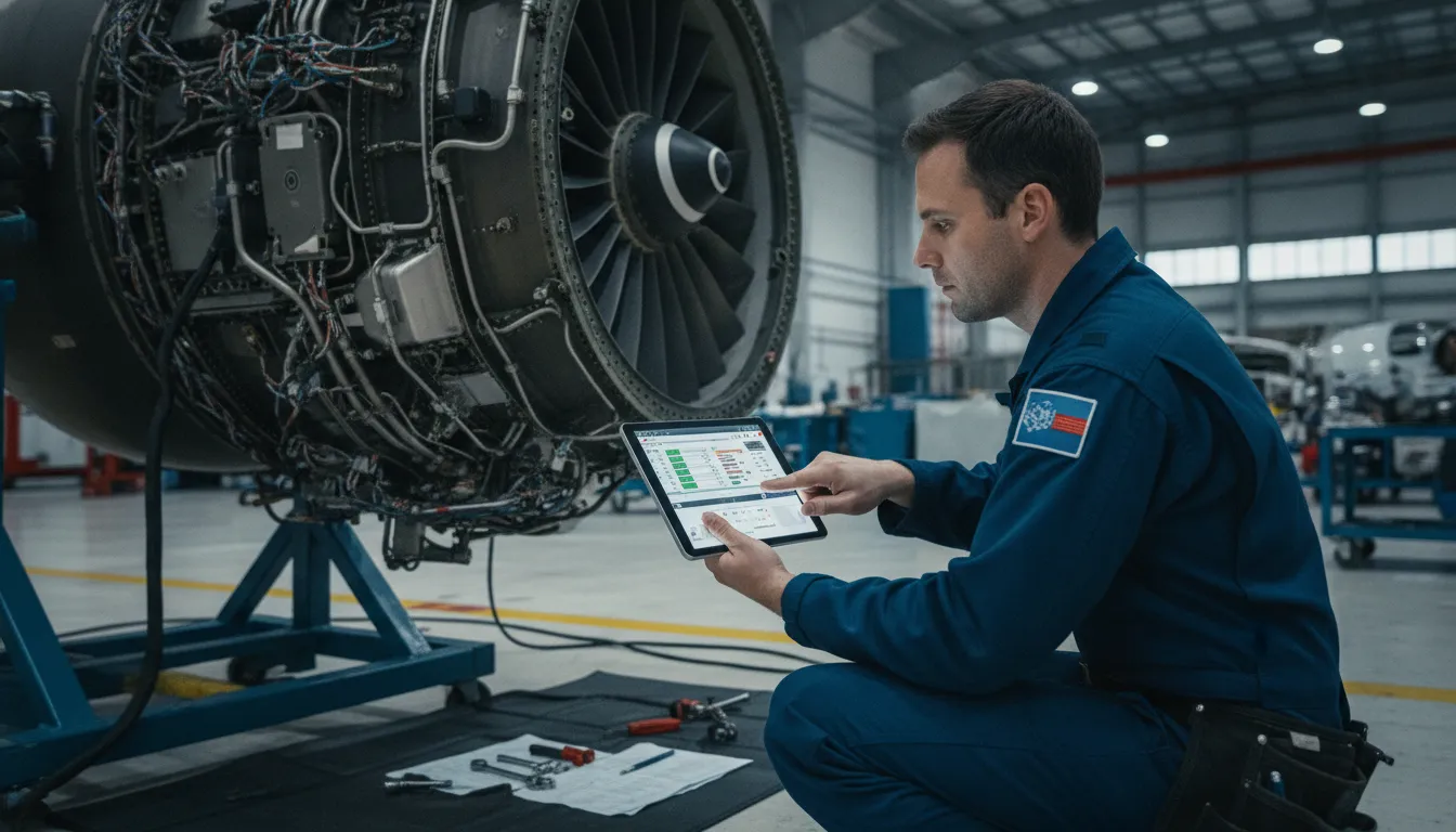 An aviation engineer checking a maintenance dashboard on a tablet next to an aircraft engine