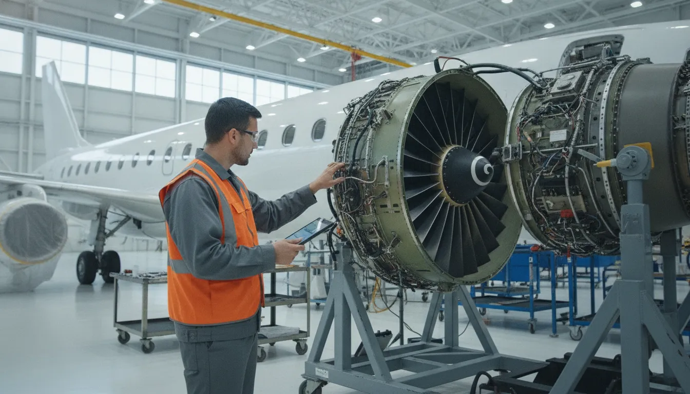 An aviation technician inspecting a turbine engine of a regional passenger airplane inside a brightly lit hangar with a digital tablet