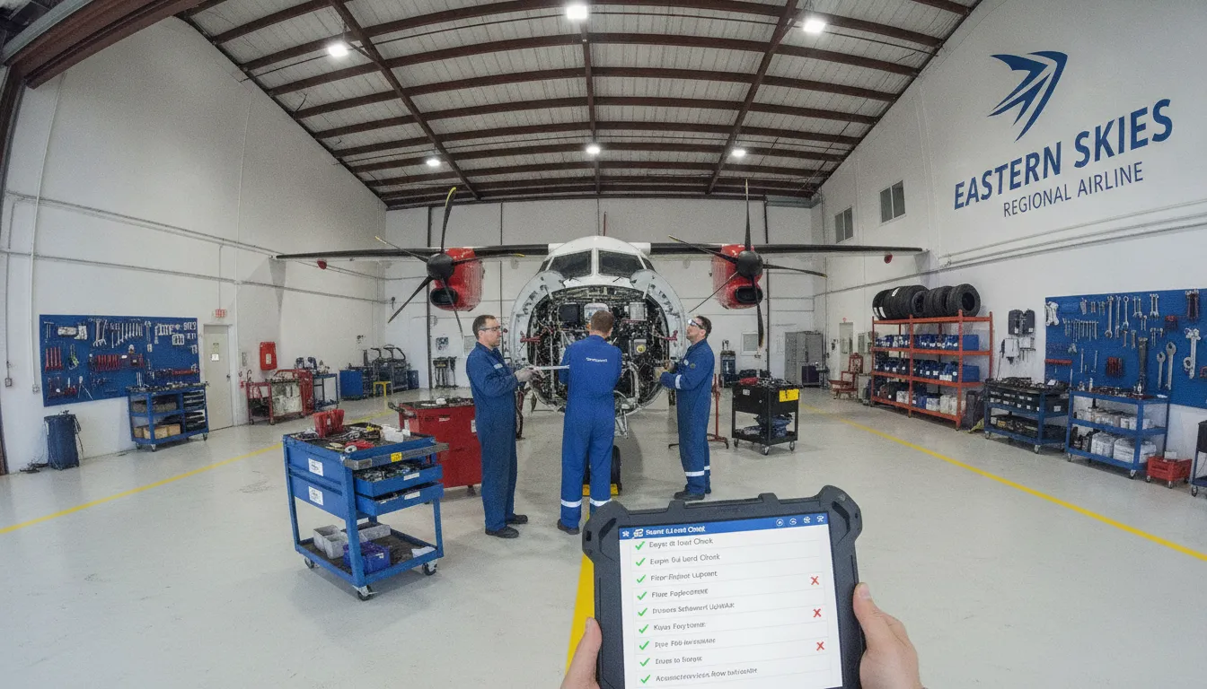 Mechanics inspecting an aircraft engine with digital diagnostic tools in a clean aviation workshop