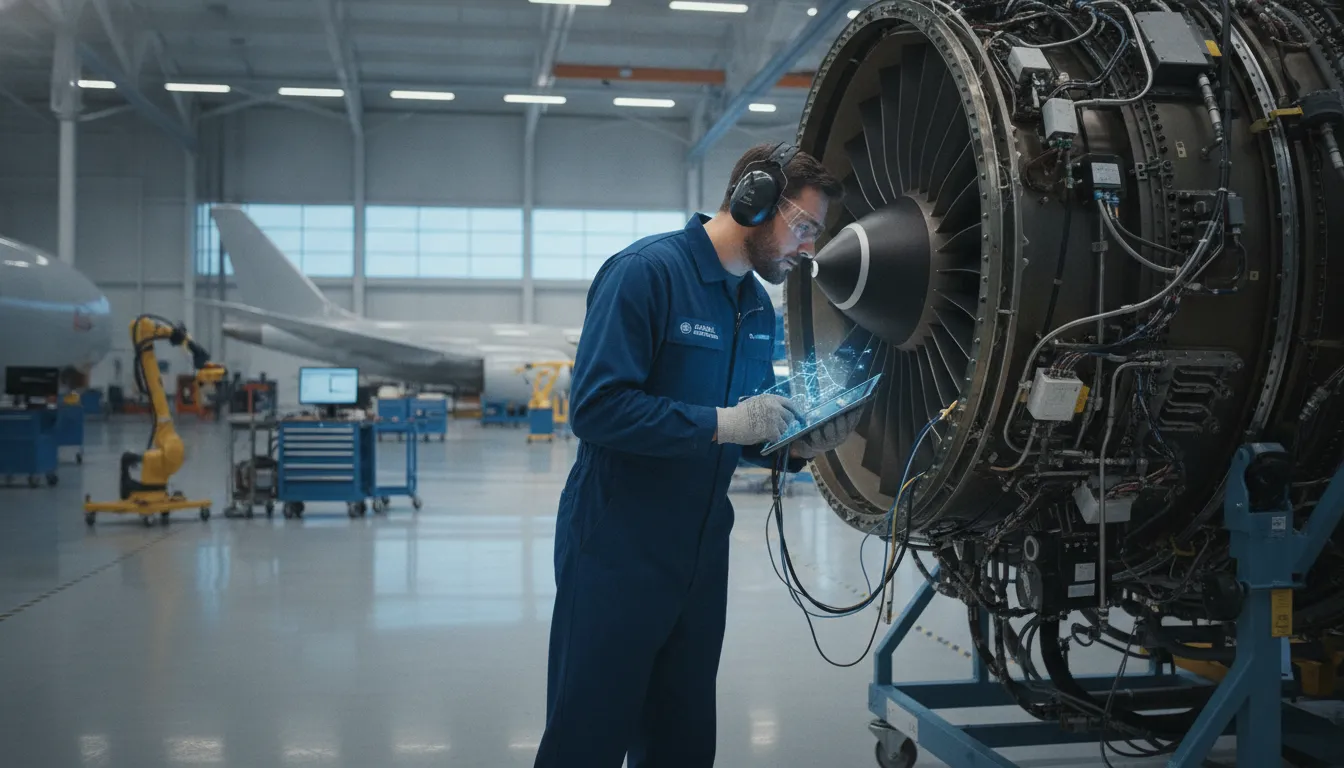 Regional airline maintenance hangar with mechanics working on aircraft using digital tablets and checklists