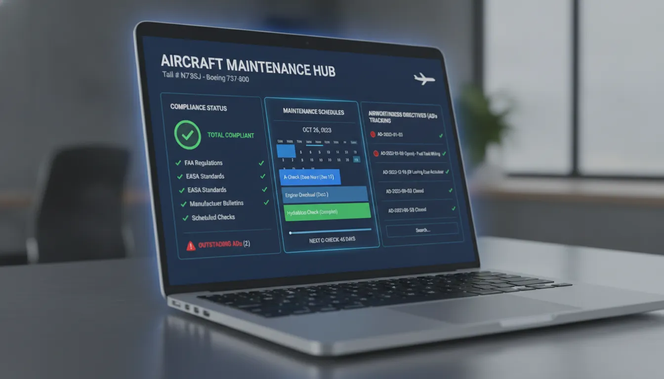 Digital aircraft maintenance records dashboard showing compliance tracking and maintenance schedules