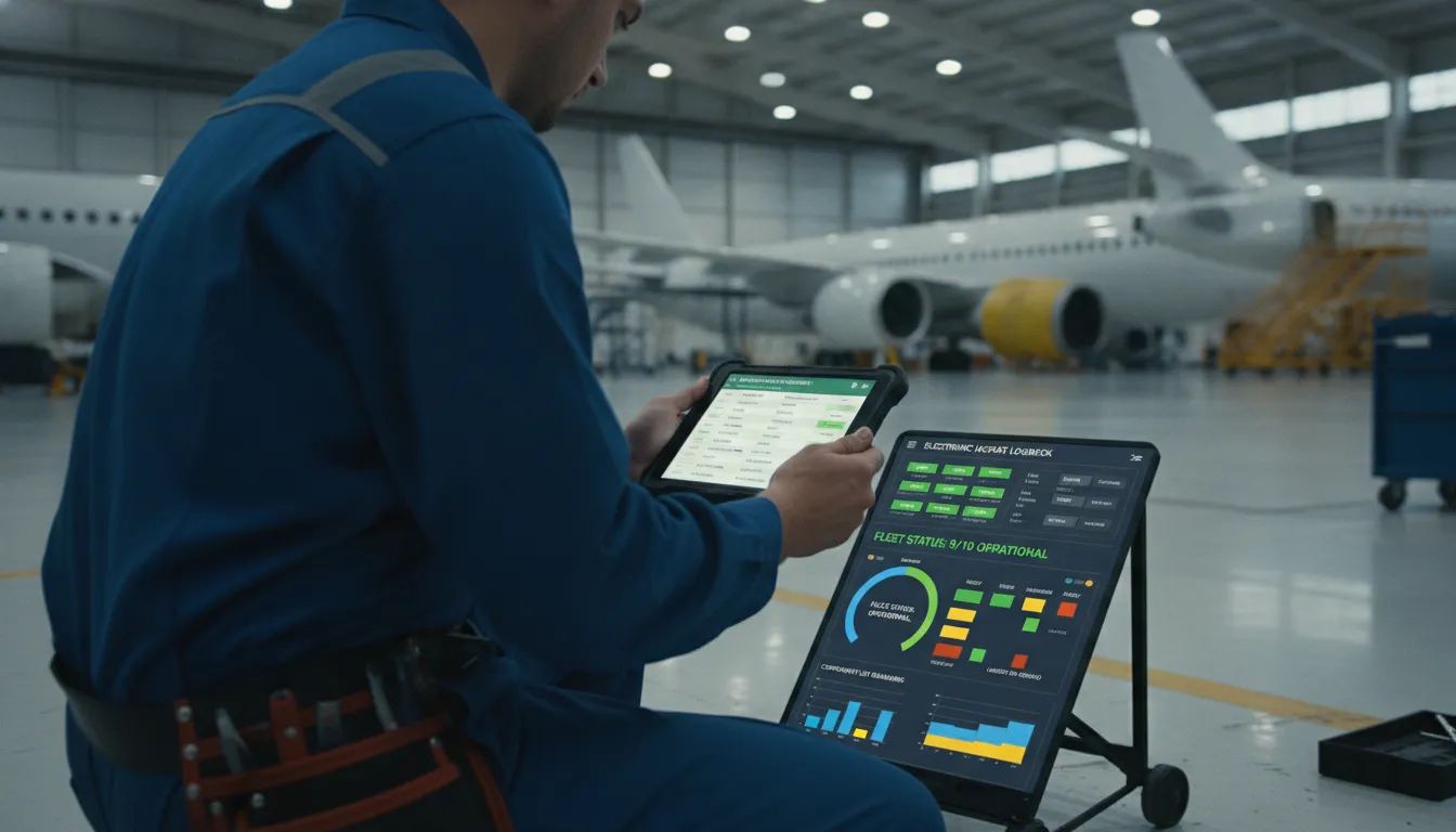 Aviation maintenance technician using electronic aircraft logbook software on a tablet in a hangar setting