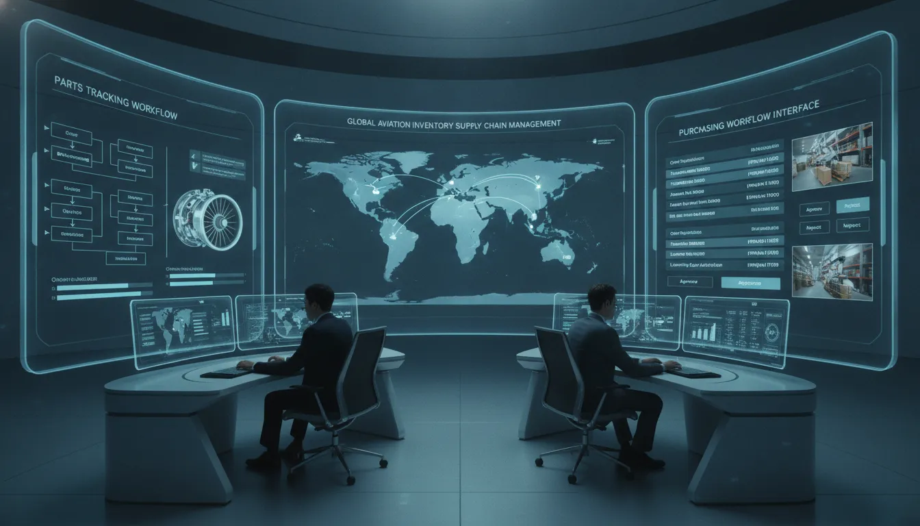 Aviation procurement software dashboard showing real-time inventory tracking, supplier metrics, and purchase order management interface