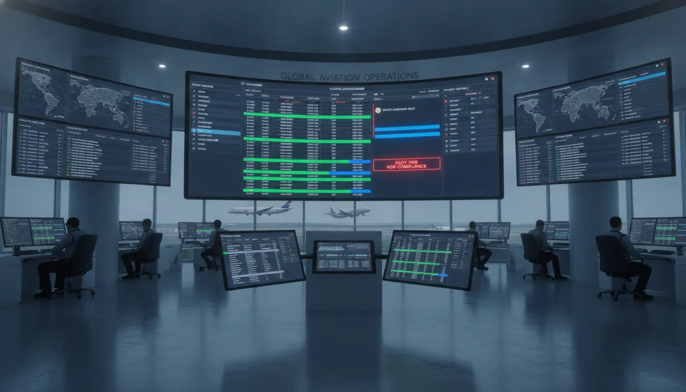 Airline crew scheduling software dashboard displaying pilot assignments, flight rosters, and duty time compliance data on multiple monitors in an aviation operations center