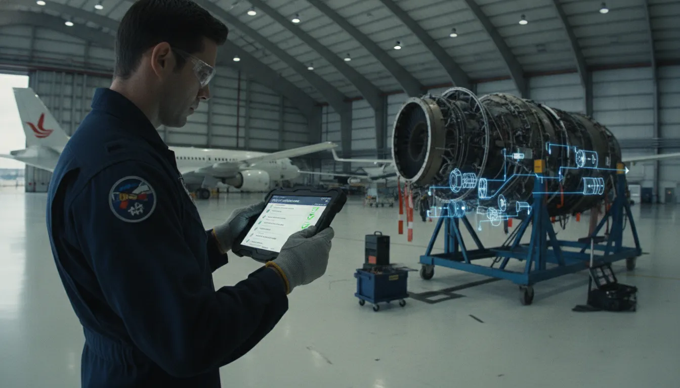 Aircraft maintenance technician using a tablet app on the hangar floor