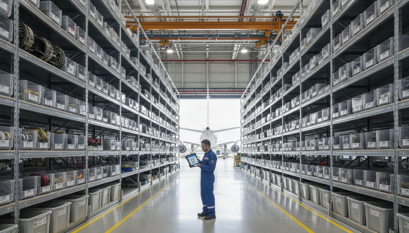Hangar de aviacion con estanterias organizadas de componentes aeronauticos y tablet digital