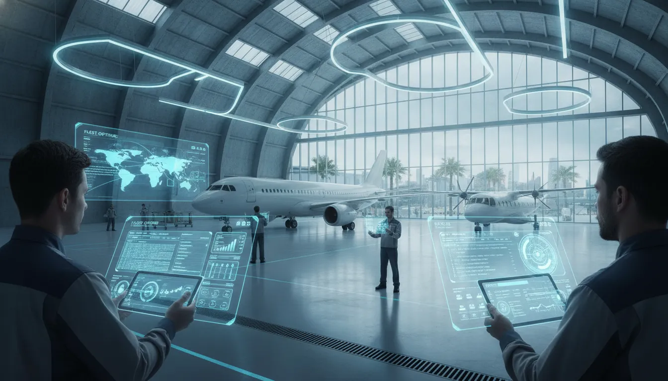 Tecnicos de aviacion utilizando tabletas y software de gestion de flotas en un hangar de mantenimiento aeronautico