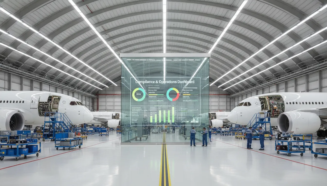 Modern airline hangar with aircraft undergoing maintenance and technicians using digital compliance dashboard on tablet