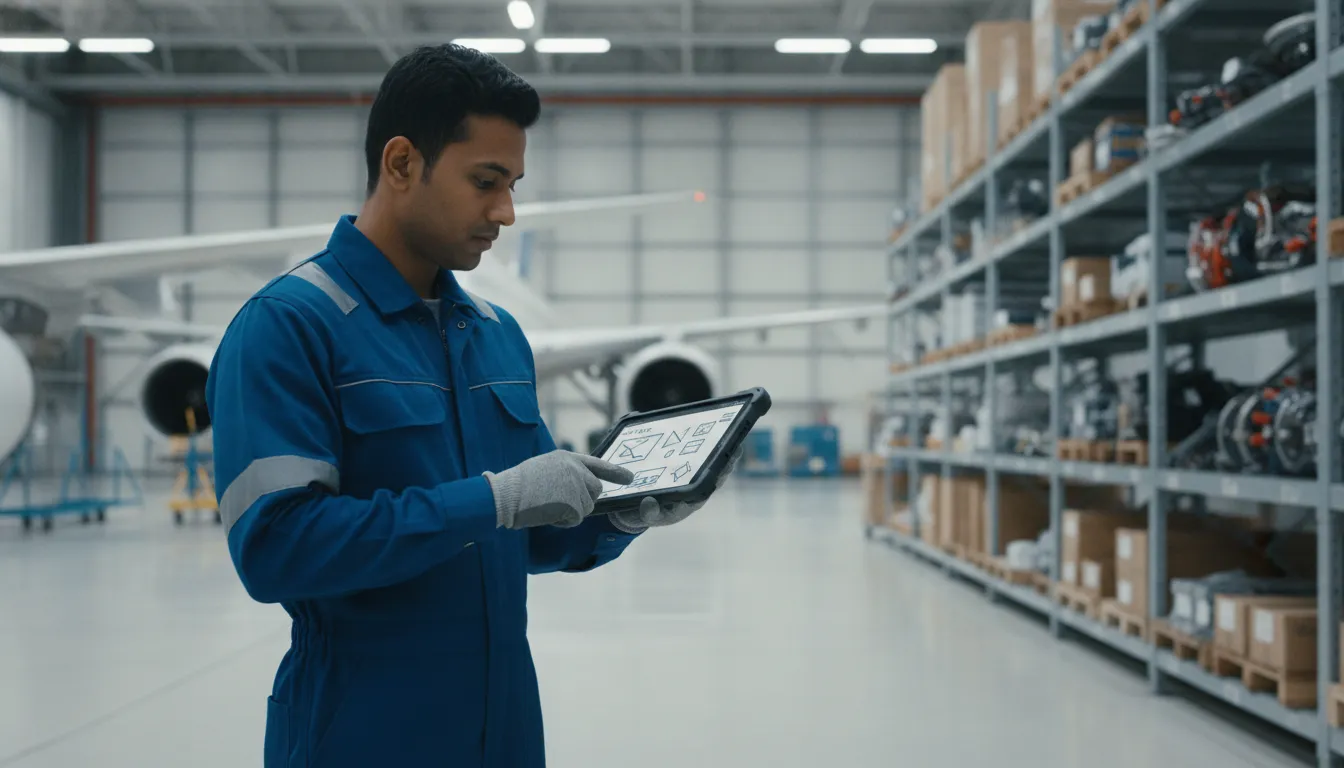 Aircraft maintenance technician in a hangar working with a tablet, with shelves of aircraft parts visible in a clean professional aviation environment
