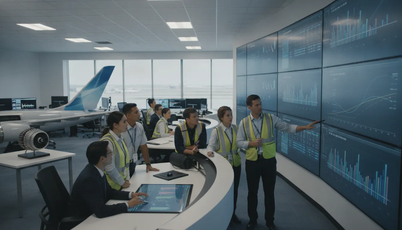 MRO planners monitoring a digital work order status board in the operations center
