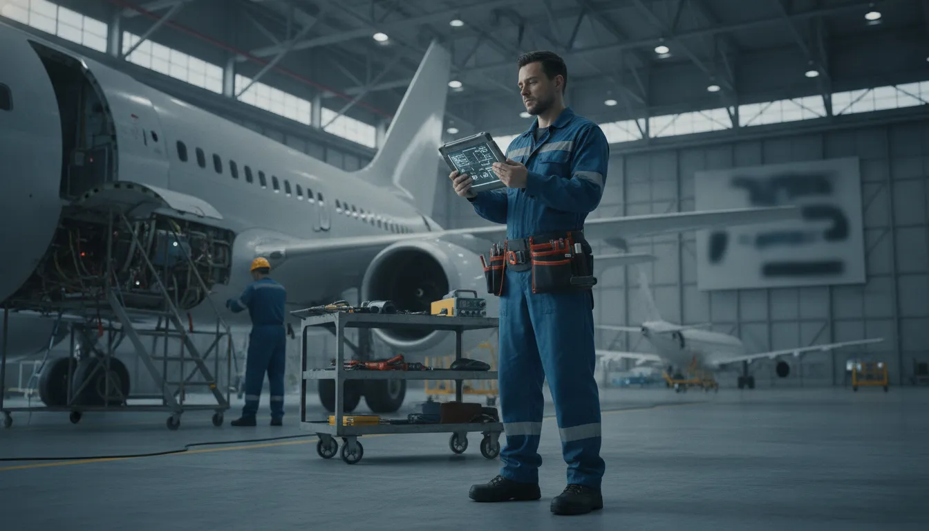 Aviation maintenance technician reviewing a digital MRO work order task card in the hangar