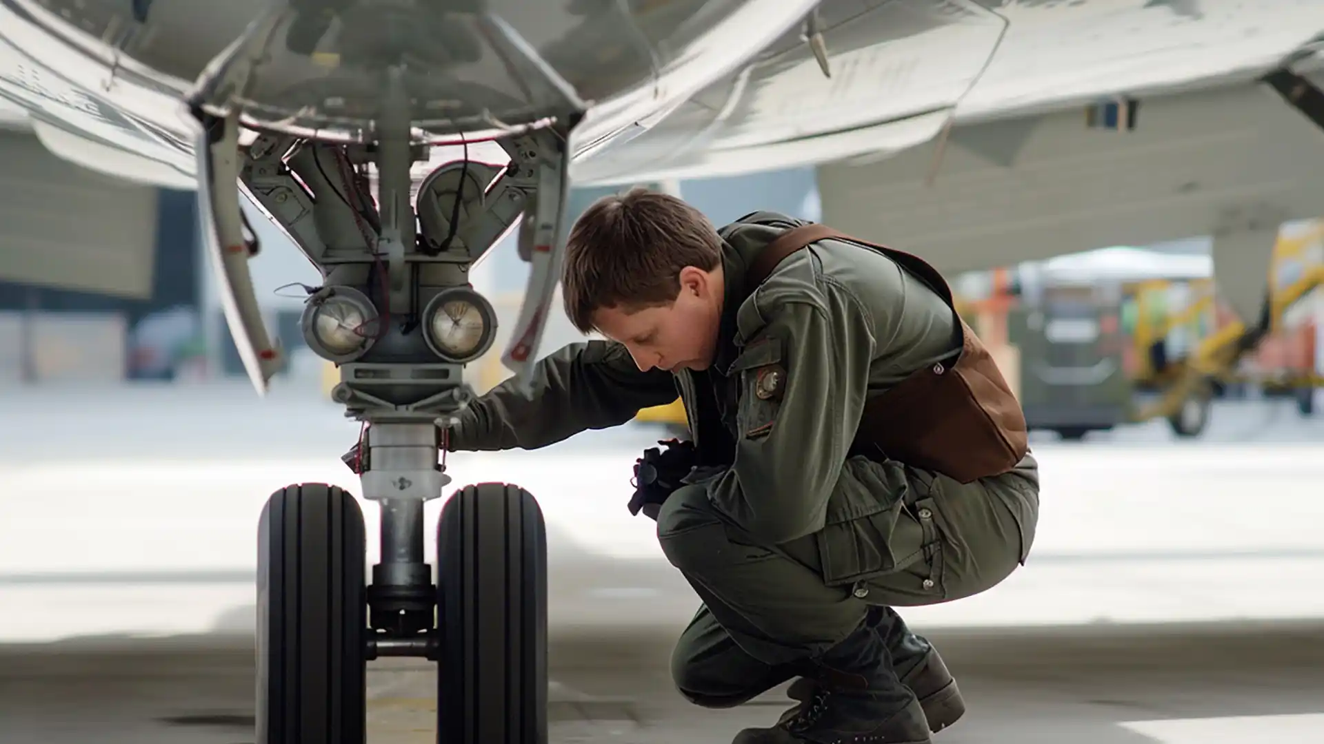 Aircraft mechanic inspecting landing gear components during maintenance, representing physical inspection at receiving.