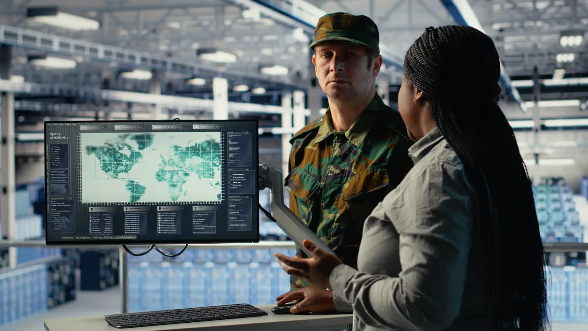 A woman and a man in military camouflage standing together while looking at a large digital screen displaying a world map.