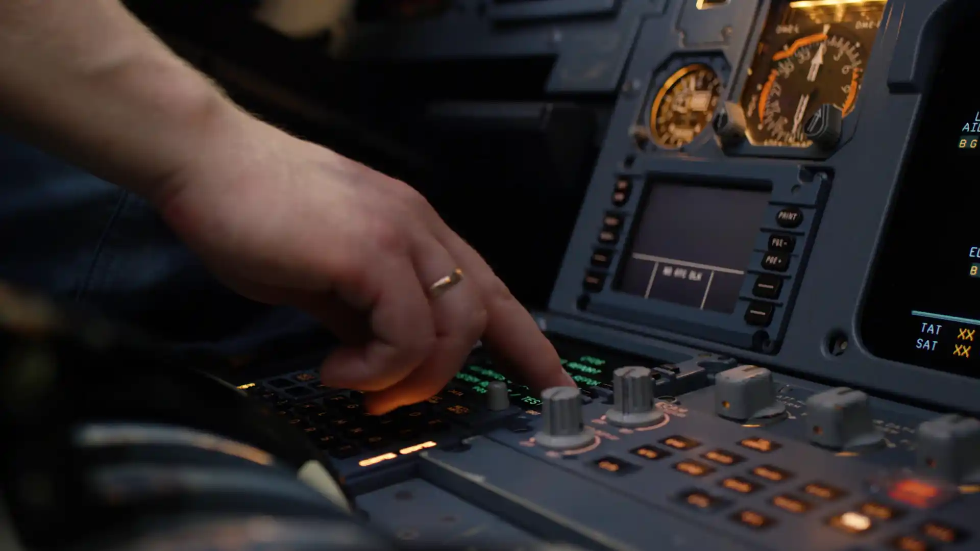 A close-up of a pilot's hand adjusting dials and pressing buttons on an aircraft cockpit instrument panel.