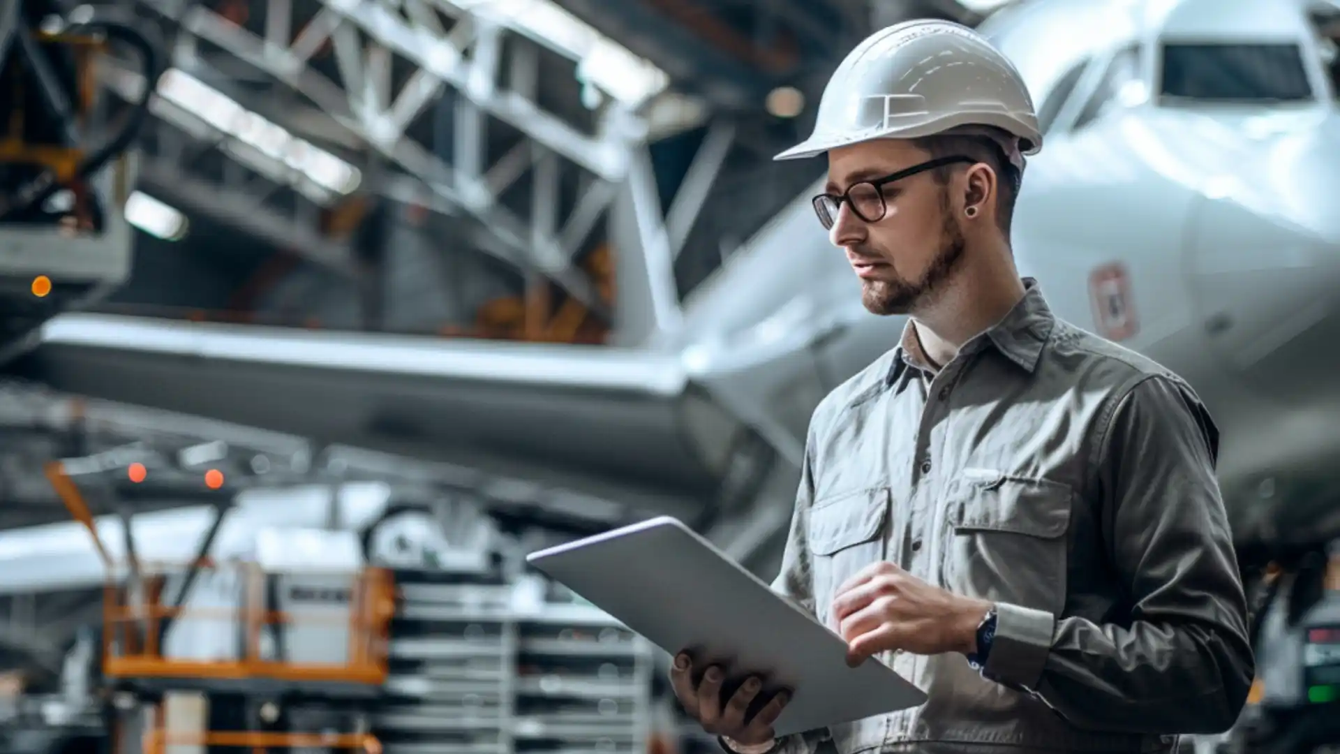 A technician reviews a tablet in a hangar, comparing 100-hour vs. annual inspection requirements for an aircraft.