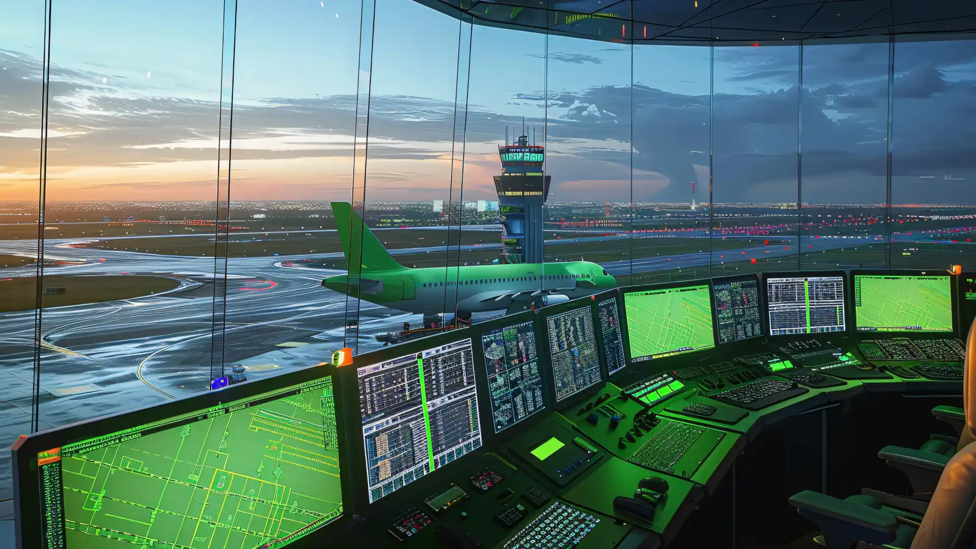 A modern airport control tower interior with multiple green-lit radar and monitoring screens, overlooking a runway at sunset with an airplane parked nearby.