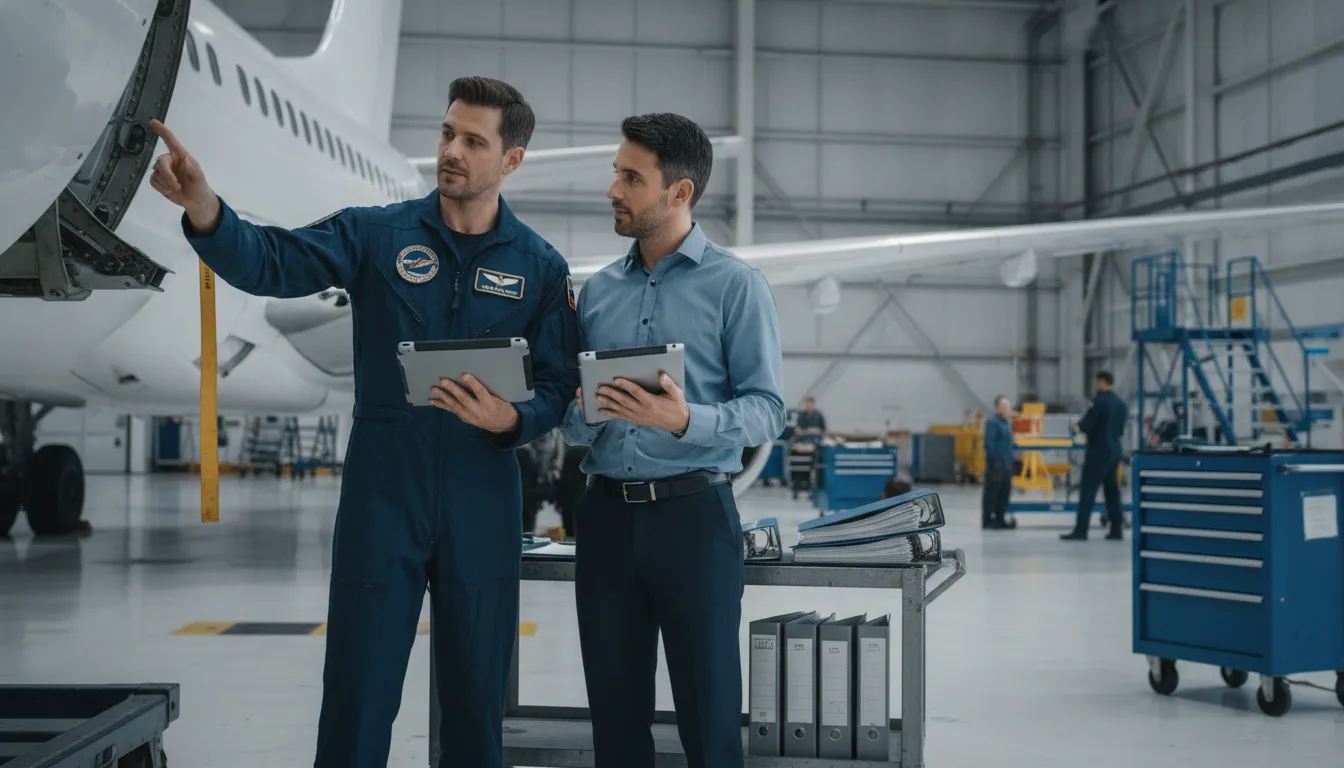 Maintenance engineer reviewing aircraft maintenance logbook software workflow in a hangar