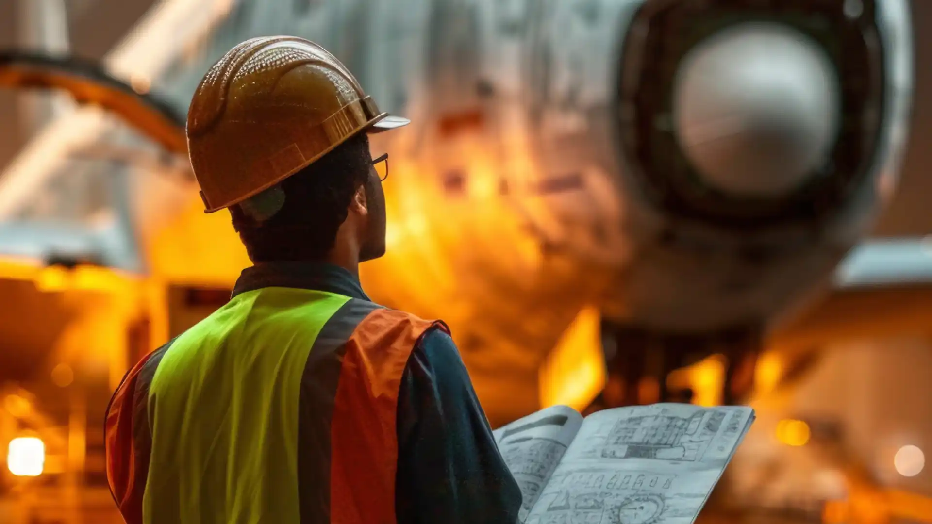 An aircraft mechanic wearing safety gear and a hard hat, holding technical manuals while inspecting an airplane under specialized lighting conditions.