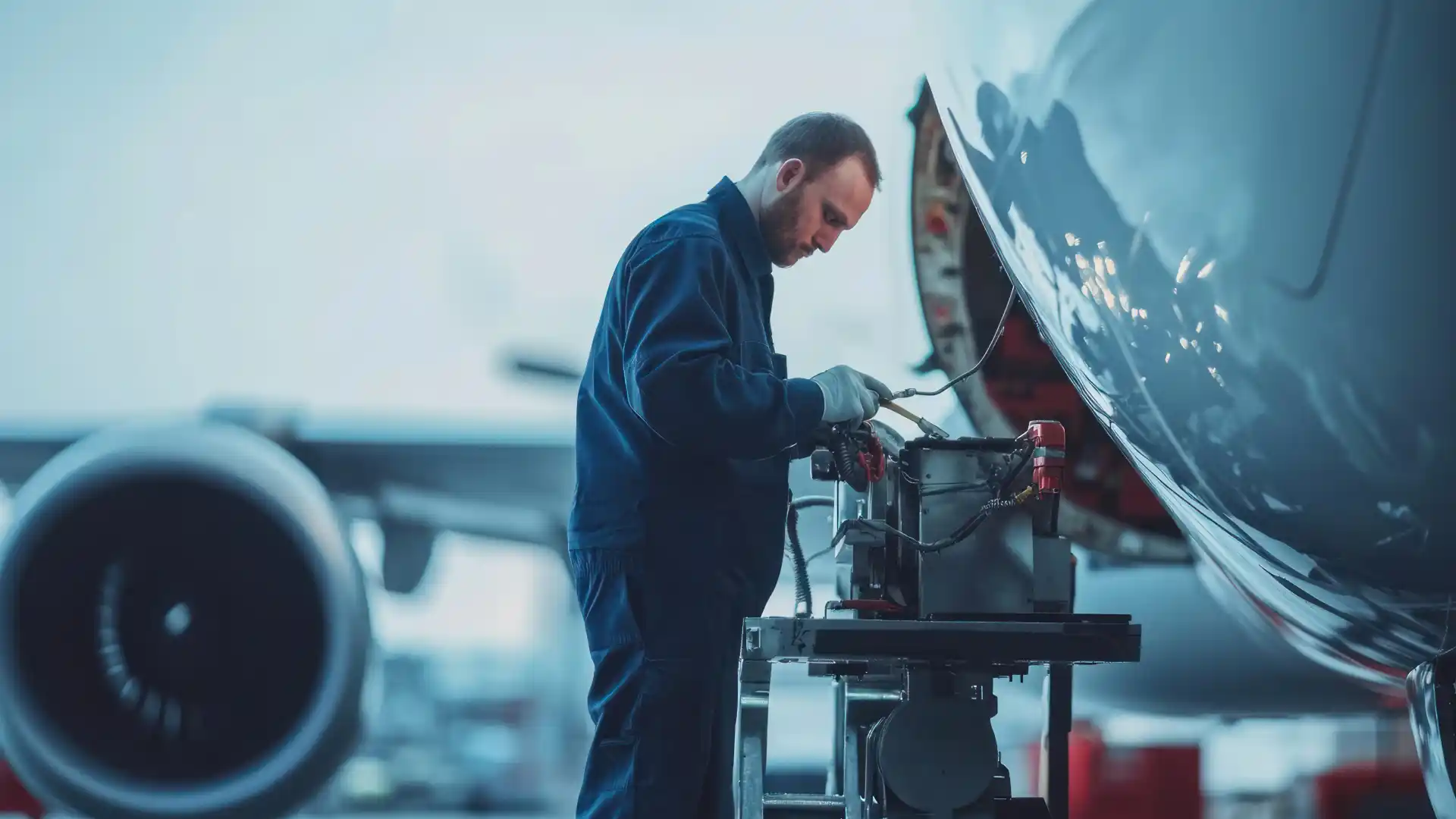 An aviation technician inspects and tests aircraft components with specialized tools near the open panel of an airplane.