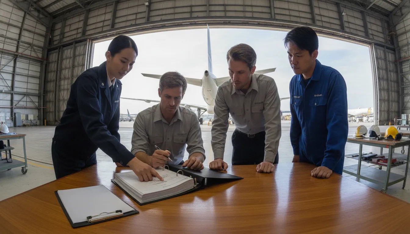 Aviation operations and safety teams collaborating on SMS risk management and compliance processes