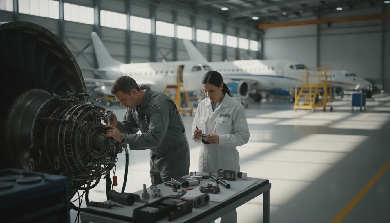 Maintenance engineers reviewing aircraft component condition data together