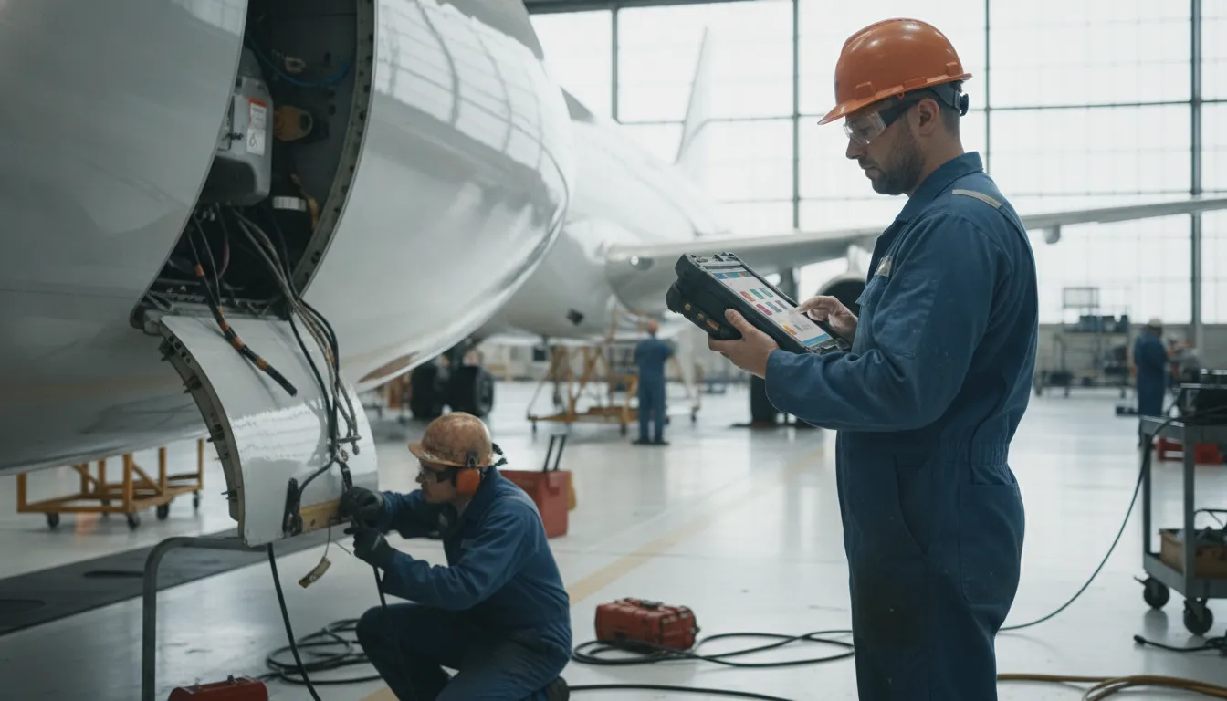 Technician using an aircraft maintenance mobile app beside an aircraft panel