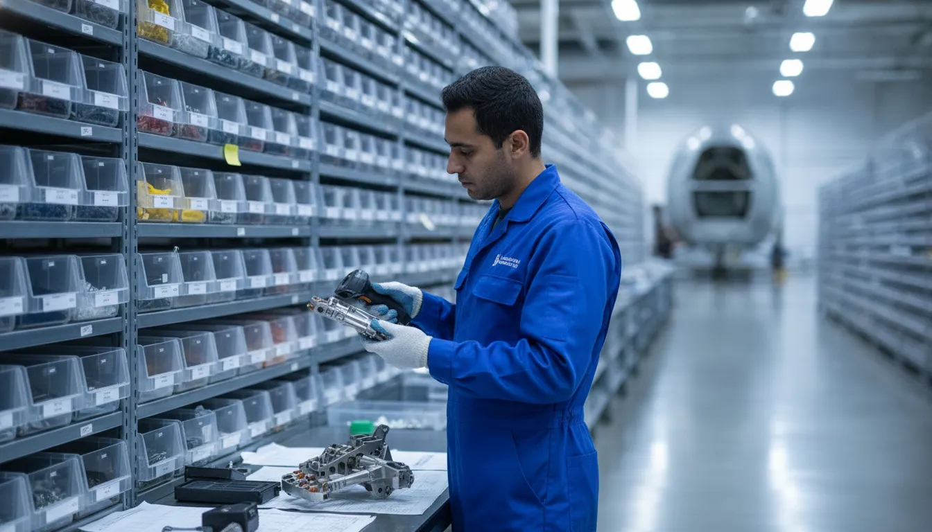 MRO technician scanning an aircraft component beside organized parts storage