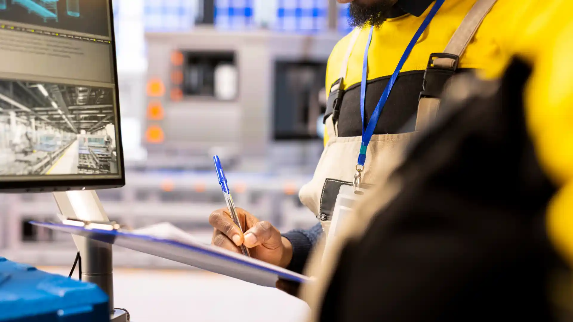 A technician filling out a report on a clipboard in a high-tech facility.