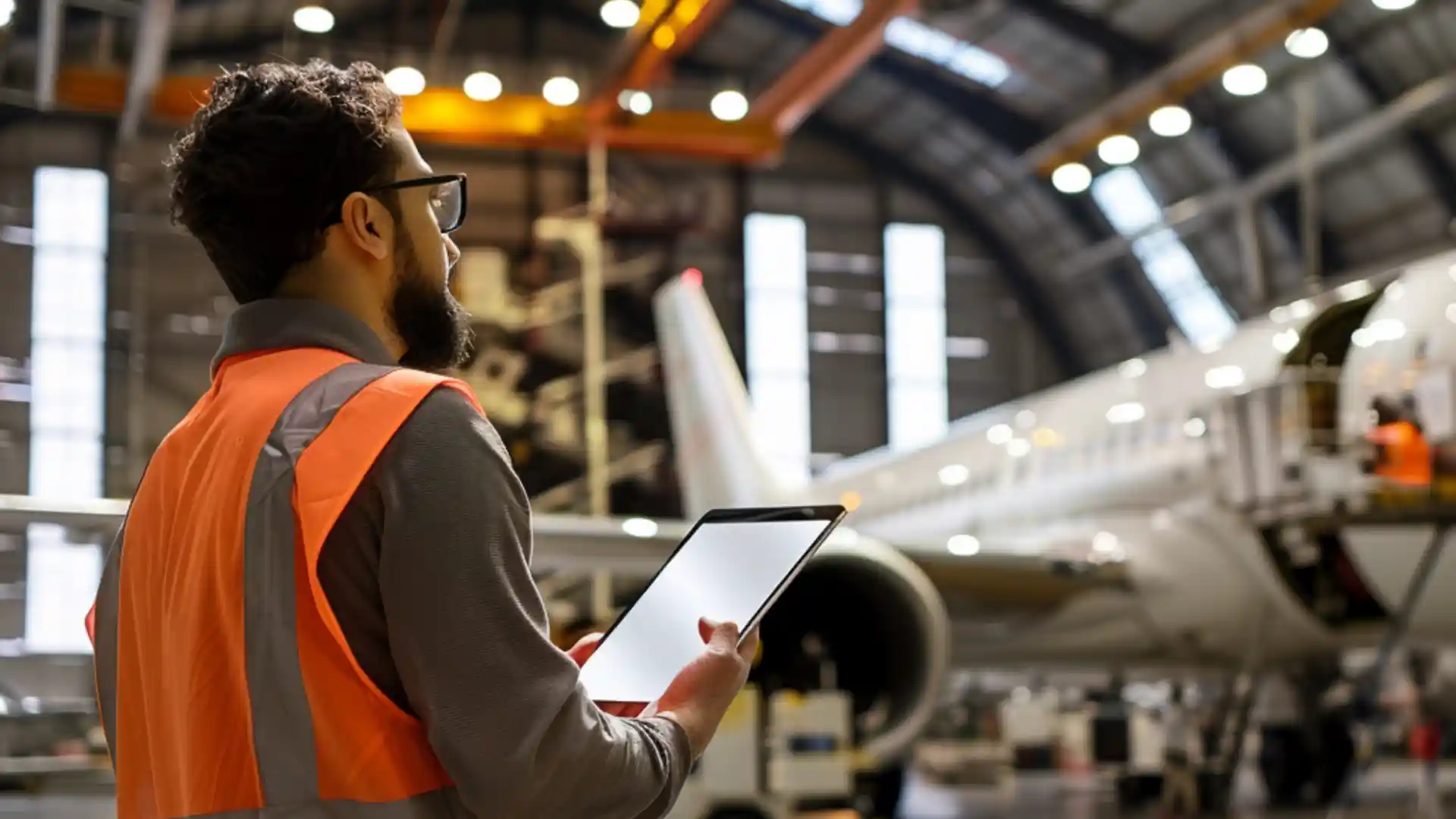 An aviation engineer in a safety vest using a digital tablet inside a large aircraft hangar with a plane in the background.